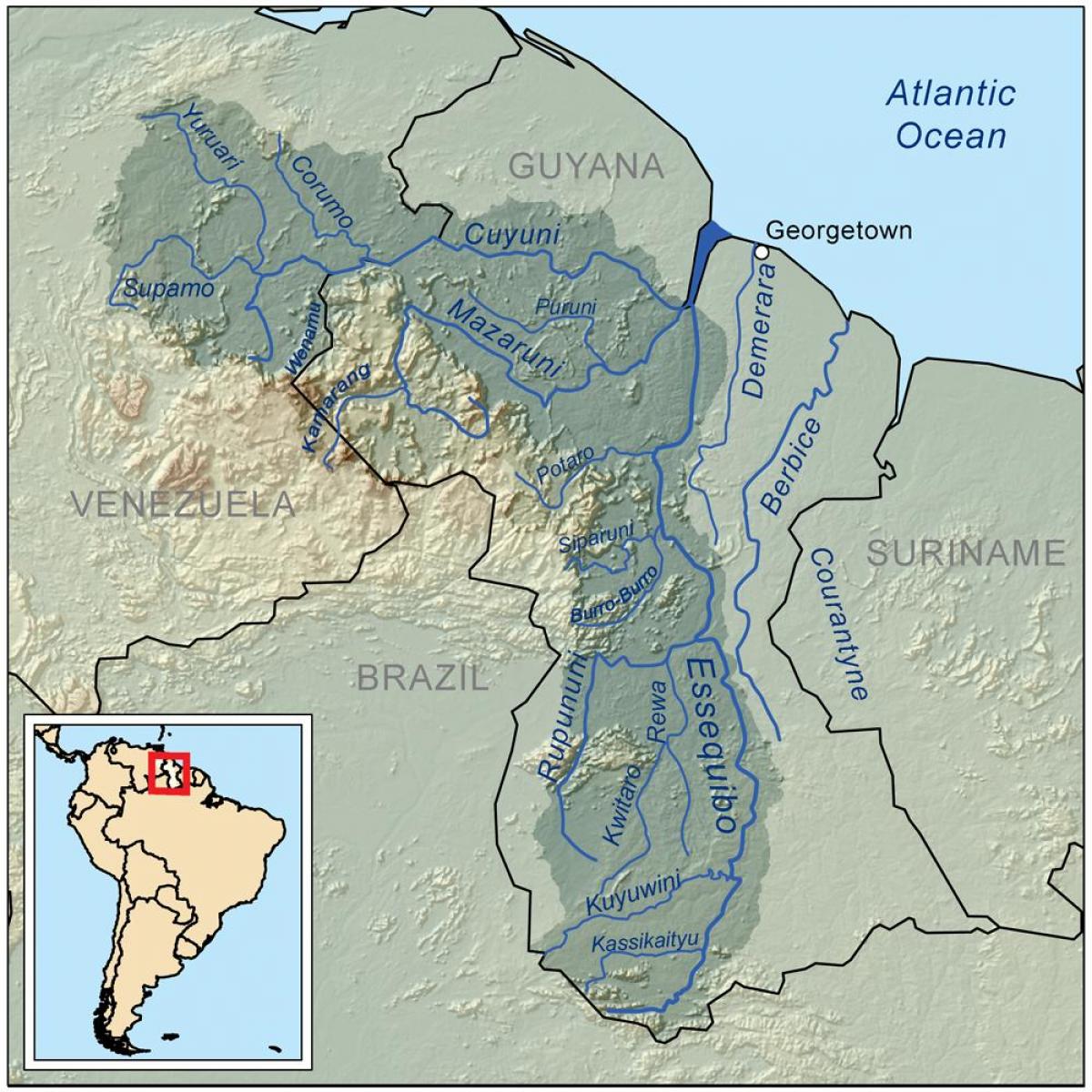 karte Gajāna parāda trīs galvenās upes