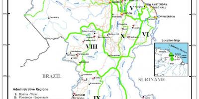 Karte Gajāna rāda uz desmit administratīvajiem apgabaliem
